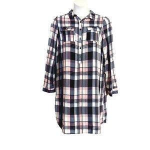 Allison Brittney Henley Button Front Pink Multicolor Tartan Plaid Shirt Dress